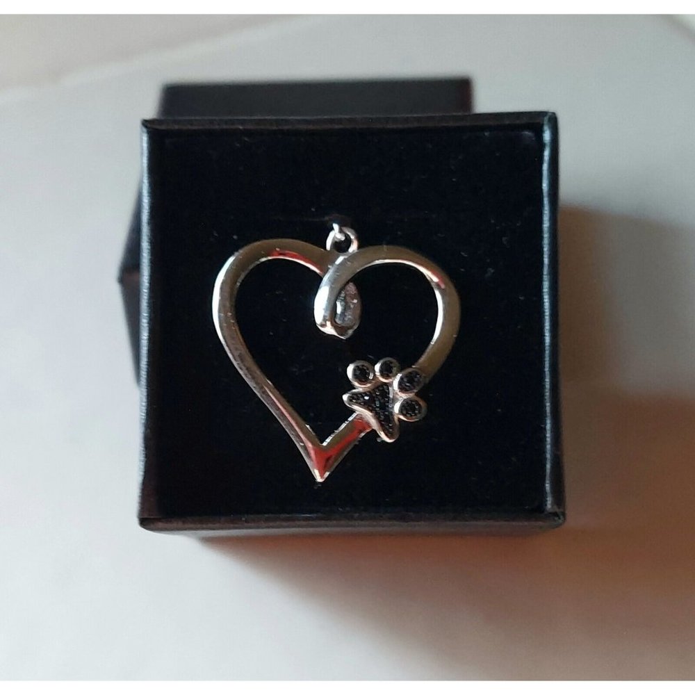 .925 Sterling Silver Paw Heart Pendant Necklace Marcasite + Velvet Box 18-20"